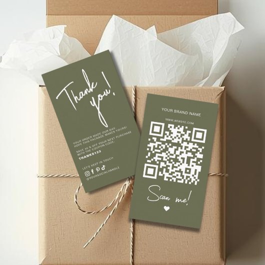 Moderne olijfgroene bestelling bedankt QR-code Visitekaartje