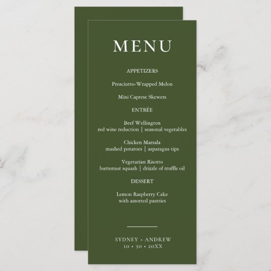 Moderne olijfgroene elegante bruiloft menu (Voorkant / Achterkant)