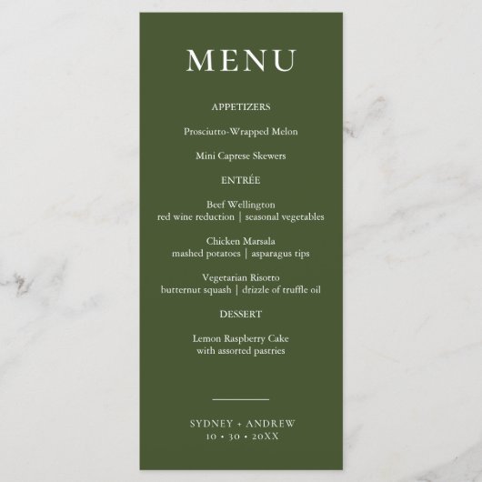 Moderne olijfgroene elegante bruiloft menu (Voorkant)