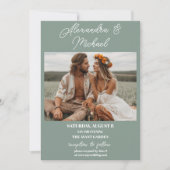 Moderne olijfgroene foto bruiloft kaart (Voorkant)