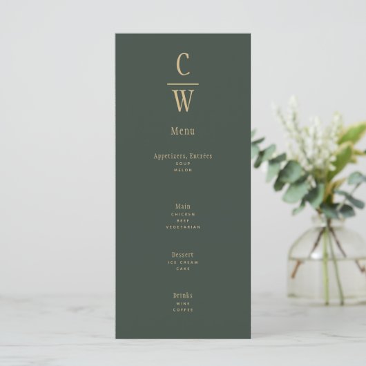 Moderne olijfgroene gouden trouwmonogrammenu menu (Staand voorkant)