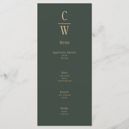 Moderne olijfgroene gouden trouwmonogrammenu menu (Voorkant)