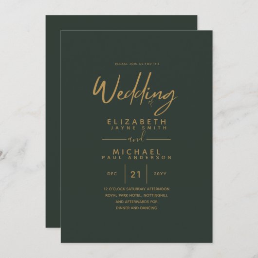 Moderne olijfgroene gouden trouwuitnodigingen kaart (Voorkant / Achterkant)