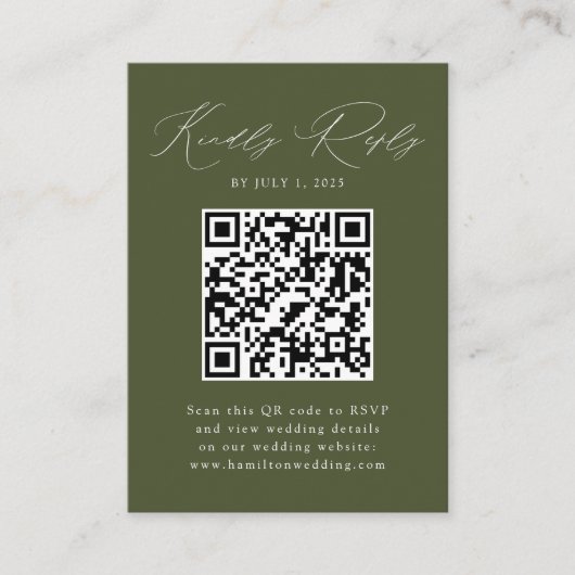 Moderne Olijfgroene QR Code RSVP Informatiekaartje (Voorkant)