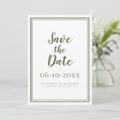 Moderne olijfgroene trouwscript eenvoudig klassiek save the date (Staand voorkant)