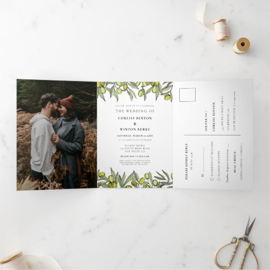 Moderne olijftak Alles bij één bruiloft Drieluik Uitnodiging (Binnen)