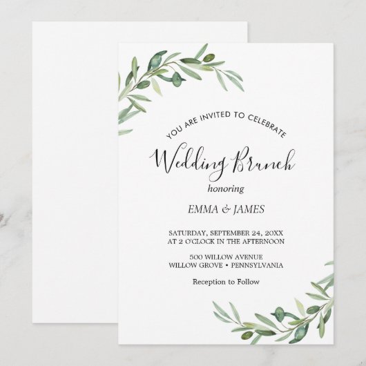 Moderne Olijftak bruiloft Brunch Uitnodiging (Voorkant / Achterkant)