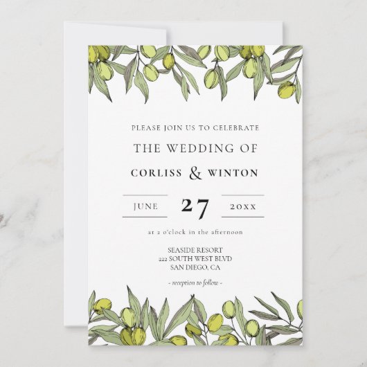Moderne olijftak bruiloft kaart (Voorkant)