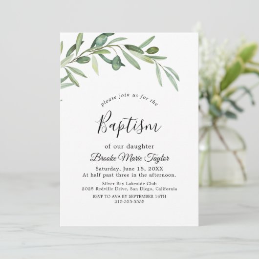 Moderne Olijftak doop uitnodiging (Staand voorkant)