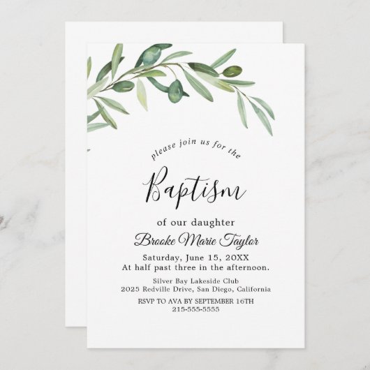 Moderne Olijftak doop uitnodiging (Voorkant / Achterkant)