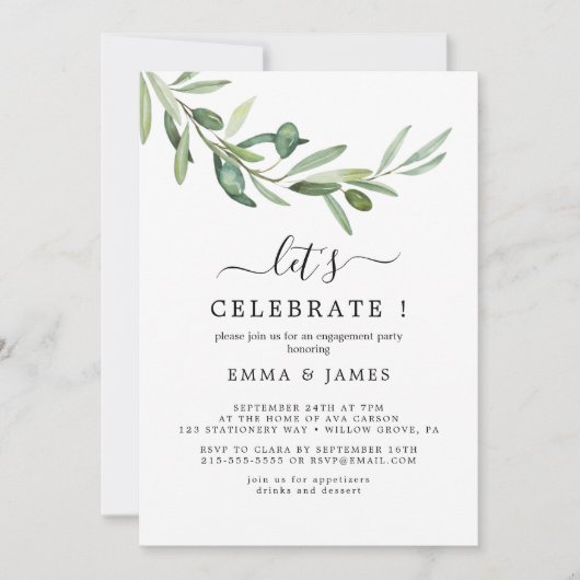 Moderne Olijftak "Laten we Feesten" Uitnodiging (Voorkant)