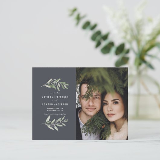 Moderne olijftak loof foto opslaan van de datum feestdagenkaart (Staand voorkant)