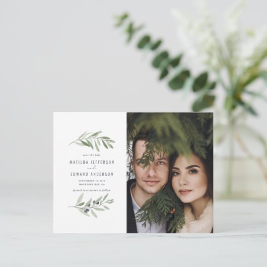 Moderne olijftak loof foto opslaan van de datum feestdagenkaart (Staand voorkant)