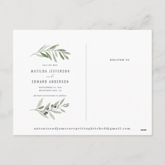 Moderne olijftak loof foto opslaan van de datum feestdagenkaart (Achterkant)