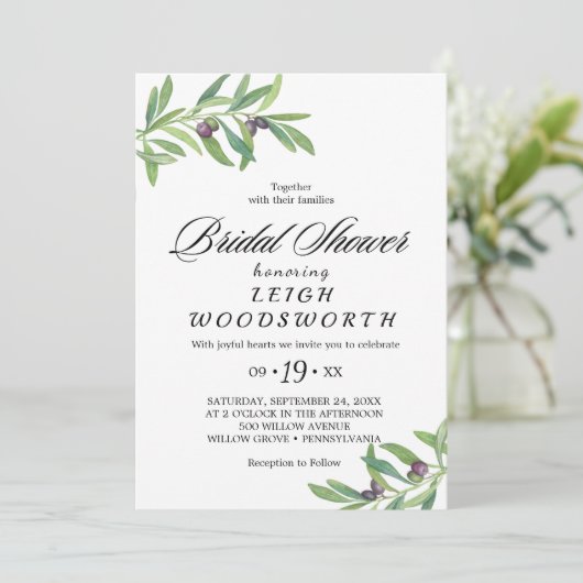 Moderne Olive Branch Bruids Douche Uitnodiging (Staand voorkant)
