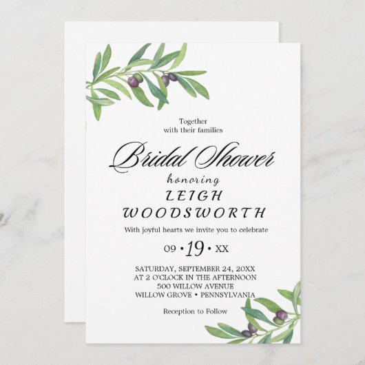 Moderne Olive Branch Bruids Douche Uitnodiging (Voorkant / Achterkant)