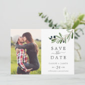 Moderne Olive Branch Photo Save the Date Kaart (Staand voorkant)