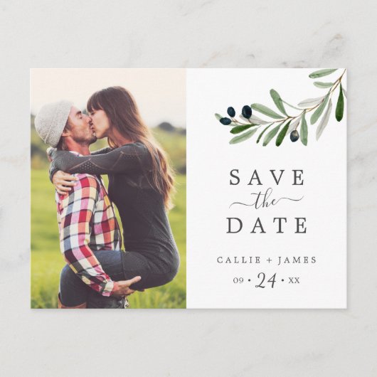 Moderne Olive Branch Photo Save the Date Uitnodiging Briefkaart (Voorkant)