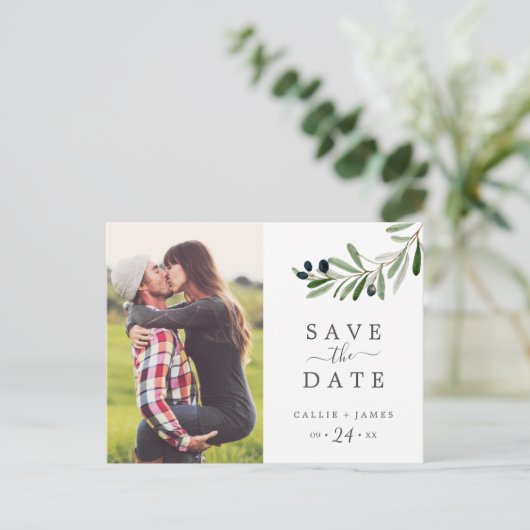 Moderne Olive Branch Photo Save the Date Uitnodiging Briefkaart (Staand voorkant)