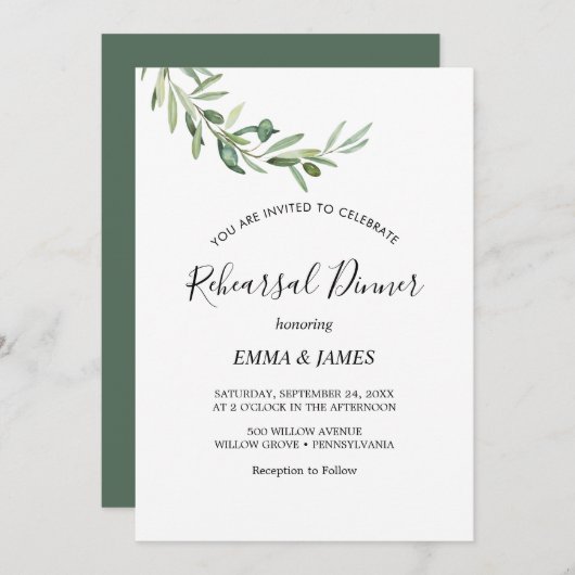 Moderne Olive Branch repetitie Dinner Invitation Kaart (Voorkant / Achterkant)