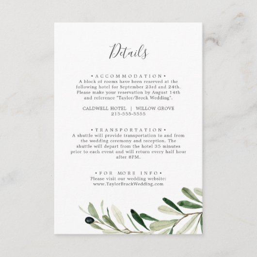 Moderne Olive Branch Wedding Details Kaart (Voorkant)