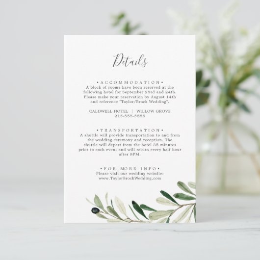 Moderne Olive Branch Wedding Details Kaart (Staand voorkant)