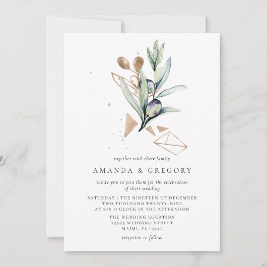 Moderne Olive Golden Branch bruiloft uitnodiging (Voorkant)
