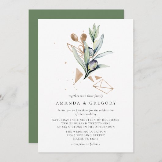 Moderne Olive Golden Branch bruiloft uitnodiging (Voorkant / Achterkant)