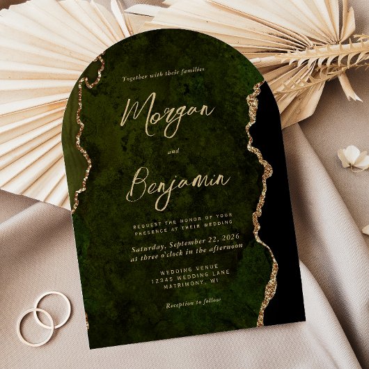 Moderne Olive Green Agate Script Boog Huwelijk Kaart