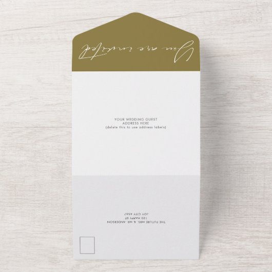 Moderne Olive Green Calligraphy Script Wedding All In One Uitnodiging (Buitenkant)