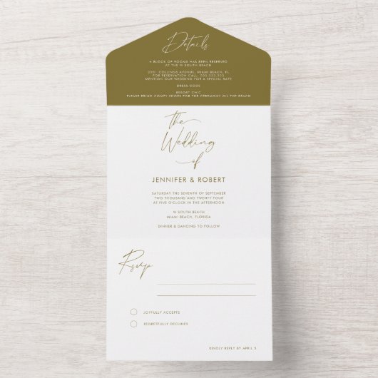 Moderne Olive Green Calligraphy Script Wedding All In One Uitnodiging (Binnen)