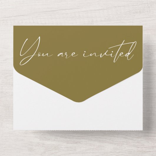 Moderne Olive Green Calligraphy Script Wedding All In One Uitnodiging (Achterkant)