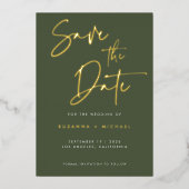 Moderne Olive Green Calligraphy Script Wedding Folie Uitnodiging (Voorkant)