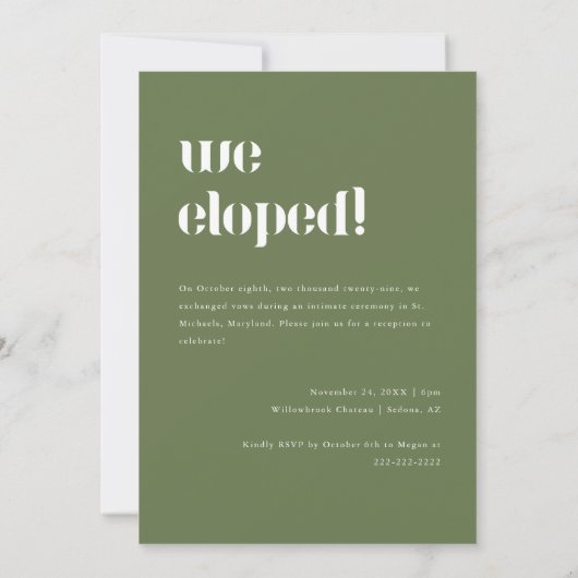 Moderne Olive Green Elopement bruiloft receptie Kaart (Achterkant)