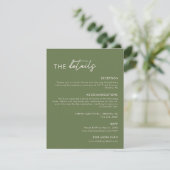 Moderne Olive Green Wedding Details Informatiekaartje (Staand voorkant)