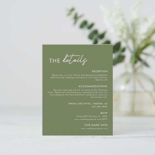 Moderne Olive Green Wedding Details Informatiekaartje (Staand voorkant)