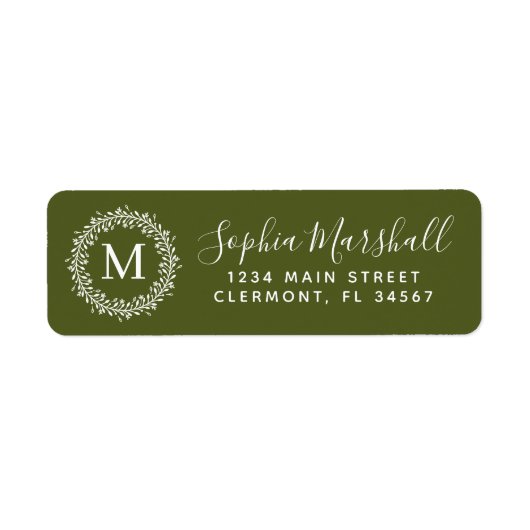 Moderne Olive White Monogram Return Address Label (Voorkant)