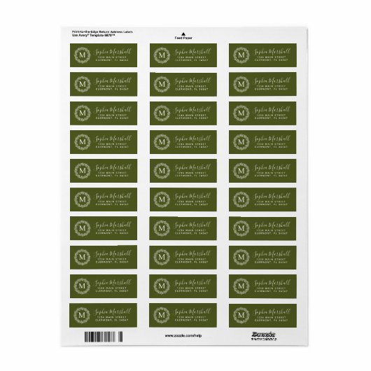 Moderne Olive White Monogram Return Address Label (Full Sheet)