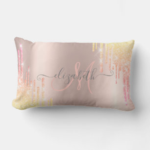 Moderne Ombre Glitter Drips Roze Gouden Monogram Kussen
