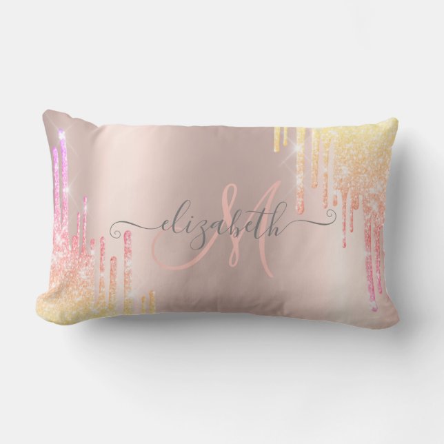 Moderne Ombre Glitter Drips Roze Gouden Monogram Kussen (Voorkant)