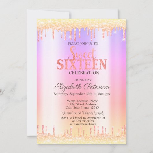 Moderne Ombre Glitter Drips Sweet 16 Uitnodiging (Voorkant)