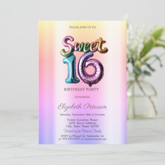 Moderne Ombre Neon Ballon Sweet 16 Kaart (Staand voorkant)