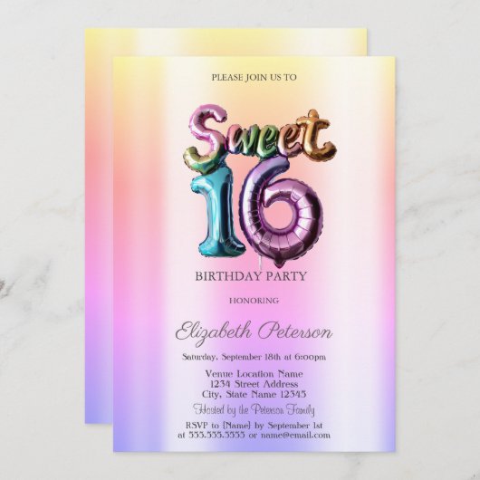 Moderne Ombre Neon Ballon Sweet 16 Kaart (Voorkant / Achterkant)
