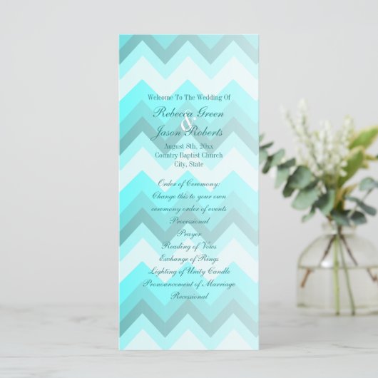 Moderne Ombre Turquoise Chevron huwelijksprogramma Programmakaart (Staand voorkant)