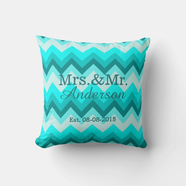 Moderne Ombre Turquoise Chevron MR en MRS Kussen (Voorkant)