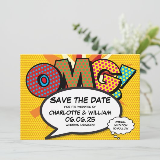 Moderne OMG Leuke Stripboek Huwelijk Opslaan Datum Save The Date (Staand voorkant)