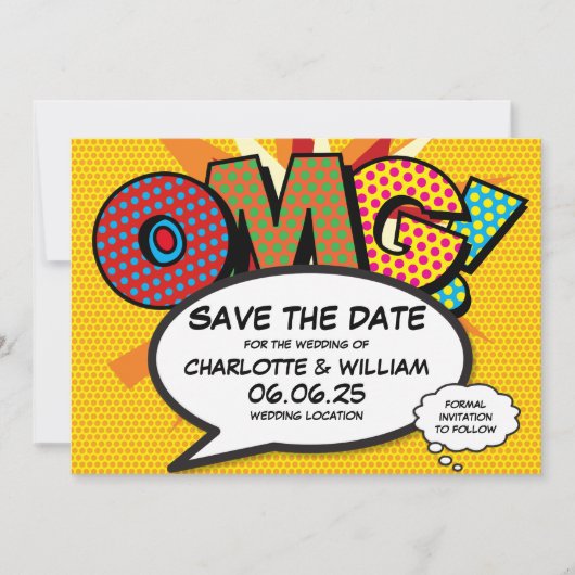 Moderne OMG Leuke Stripboek Trouwkaart Save The Da Date (Voorkant)