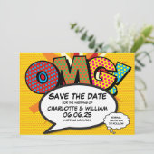 Moderne OMG Leuke Stripboek Trouwkaart Save The Da Date (Staand voorkant)