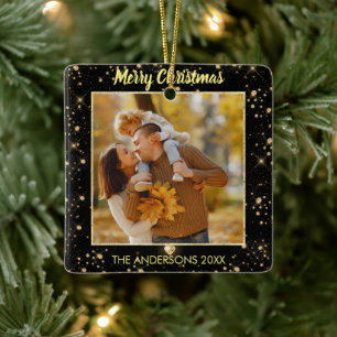 Moderne one Photo Sparking Black Faux Gold Glitter Keramisch Ornament