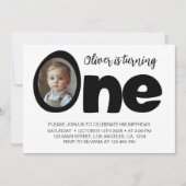 Moderne ONE Zwart-Wit Verjaardagsfoto Uitnodigen Bedankkaart (Voorkant)